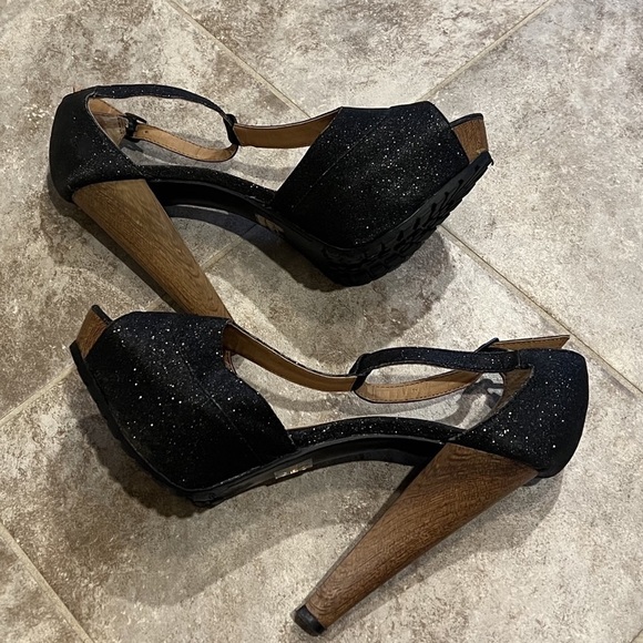 JustFab platform T strap open toe heels black sparkle size 8.5 - Picture 3 of 12